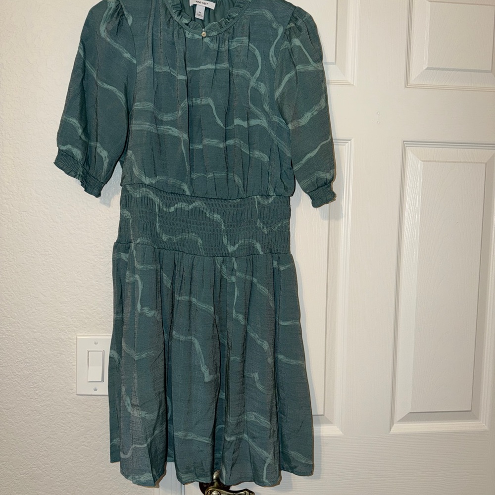 Nine West Teal Wave-Print Midi Dress